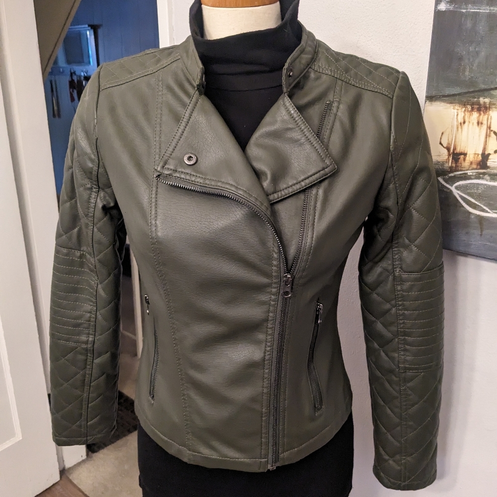 Vegan Leather Olive Green Moto jacket size M